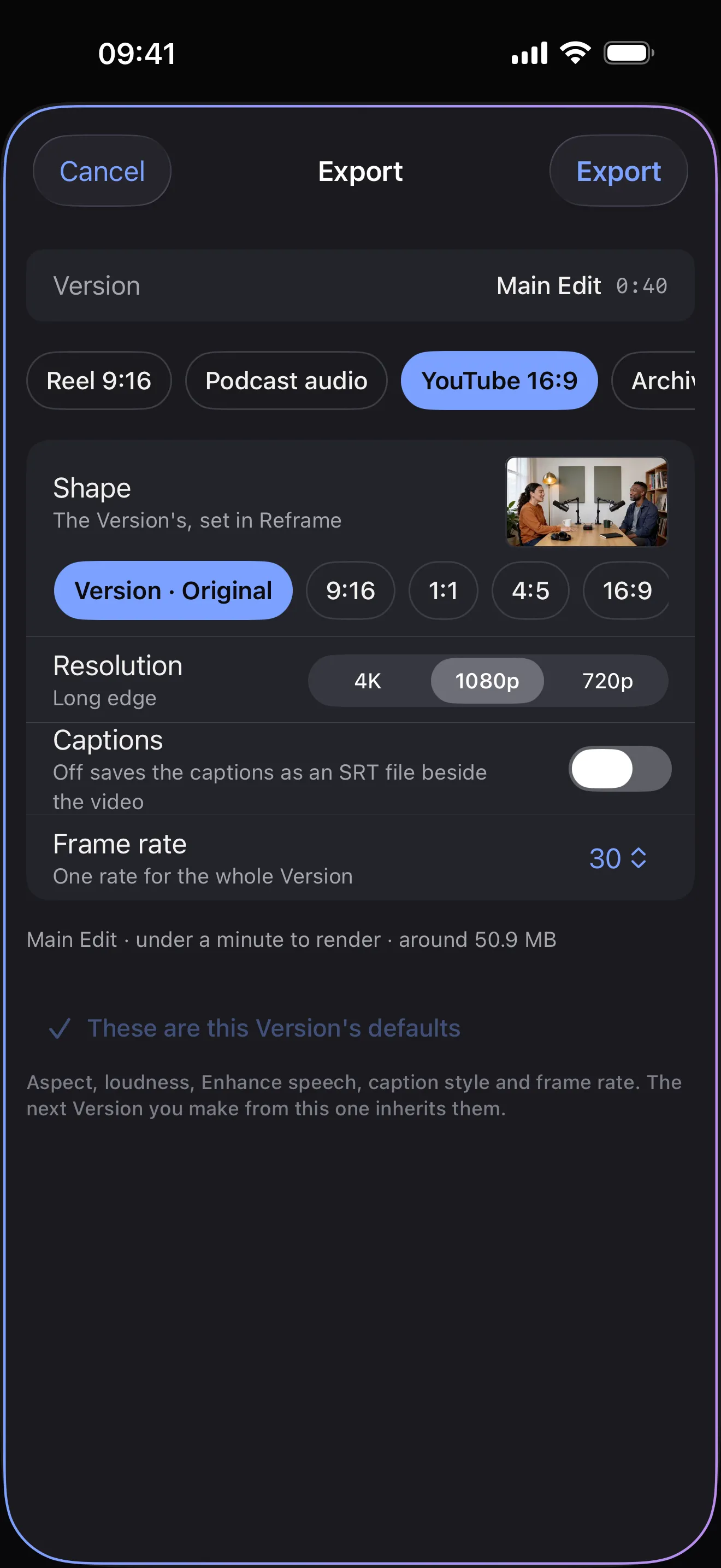 Cutline's export sheet: a YouTube 16:9 version at 1080p