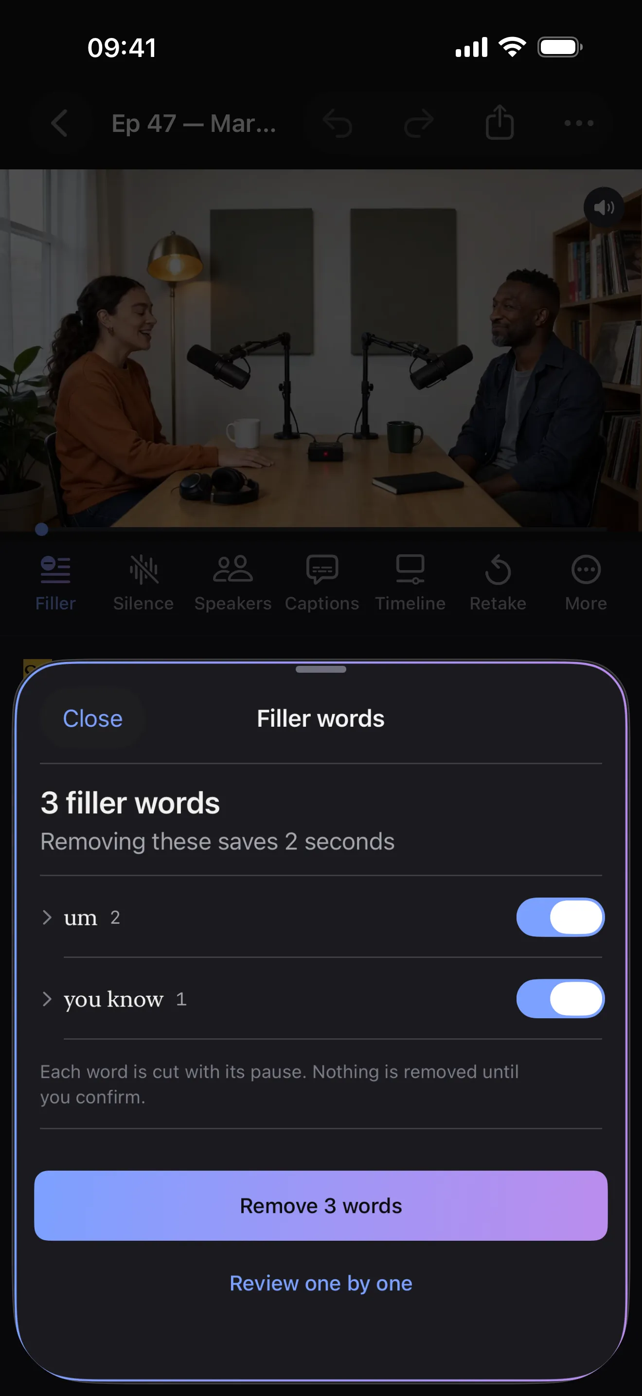 Cutline: three filler words found, ready to remove in one tap