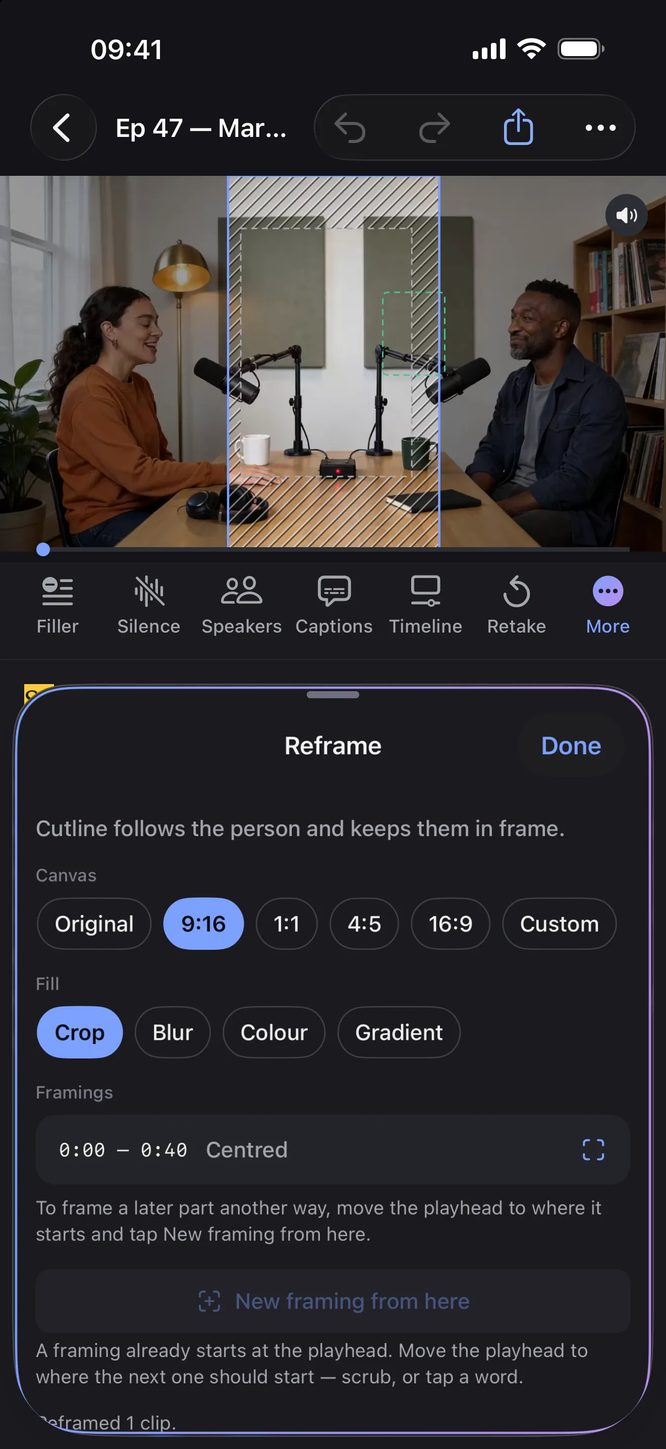Cutline: reframing a podcast video to 9:16, following the speaker