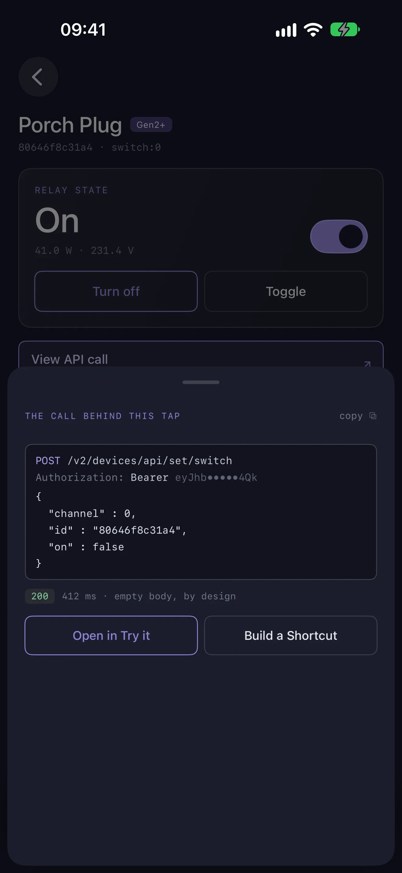 Shelly DevKit showing the HTTP request behind a switch toggle