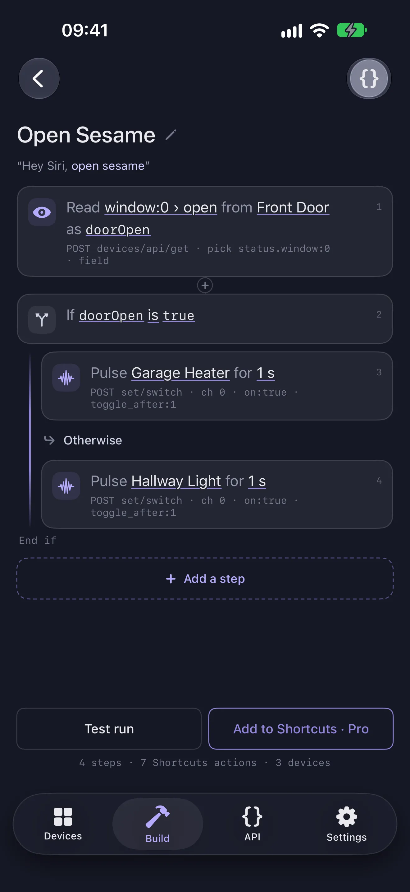 Shelly DevKit's composer: a shortcut that reads a door sensor and pulses a heater