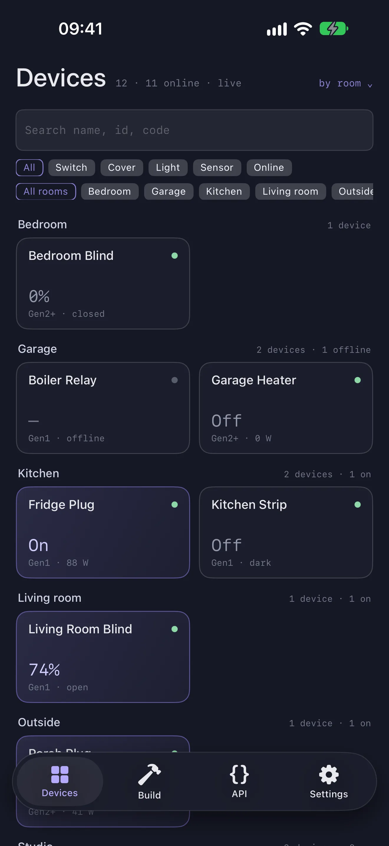 Shelly DevKit's device list grouped by room, with live state