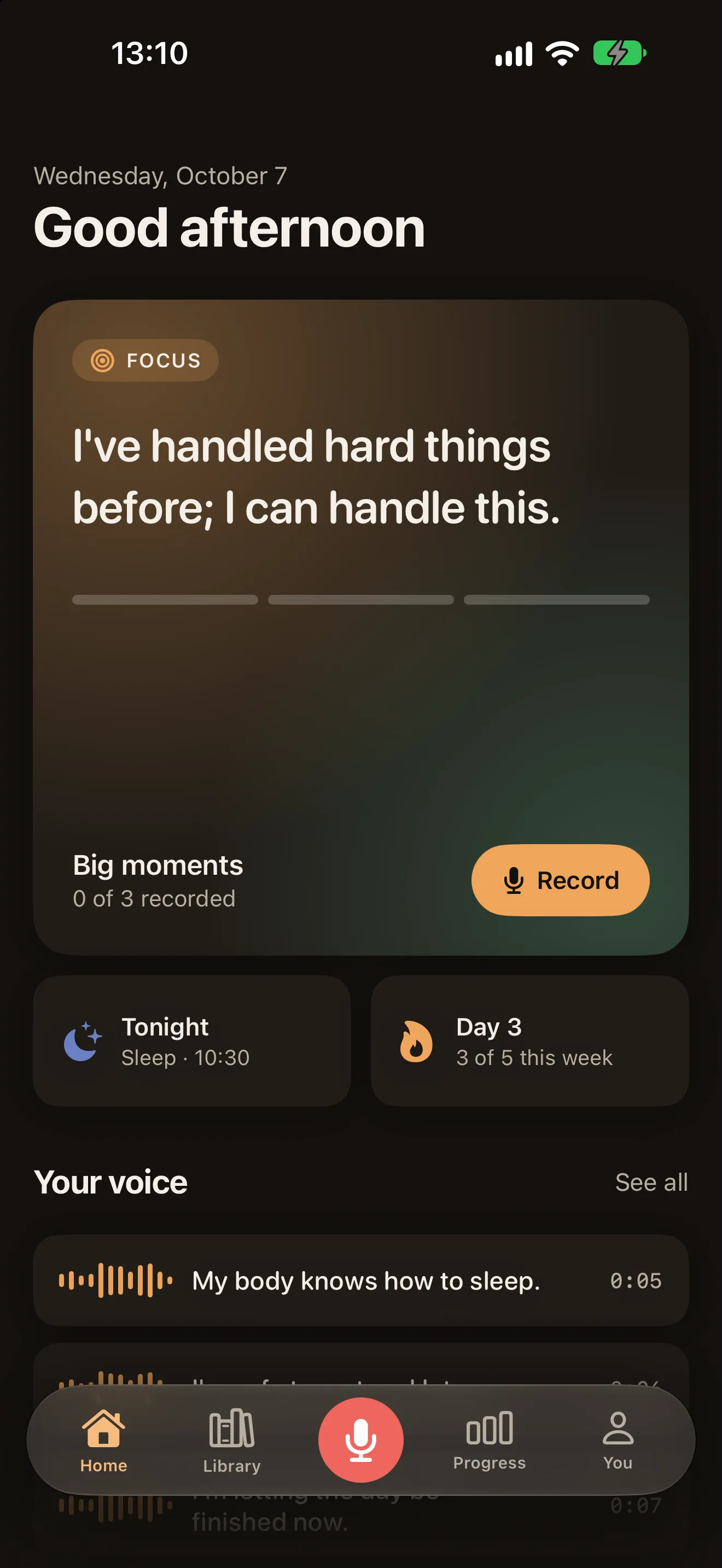 Sona's home screen: today's affirmation and recent recordings