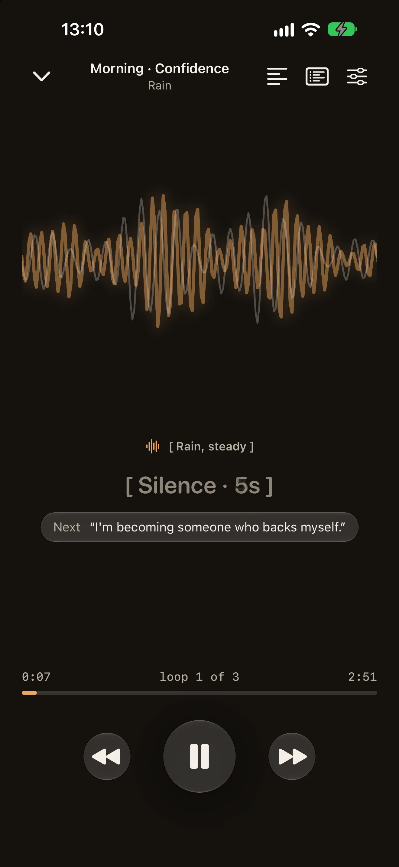 Sona's player: a waveform of the user's own recording over rain